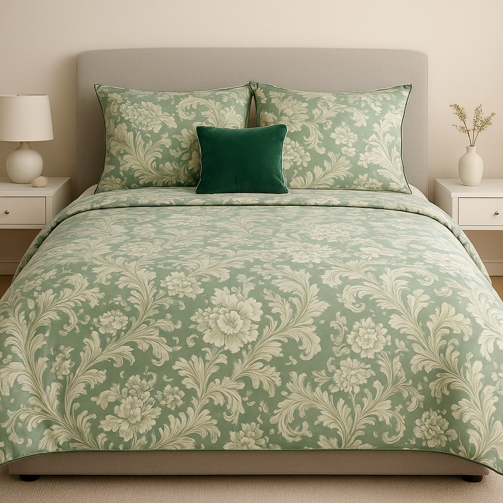 Velvet Double Bedsheet Set, Green Floral , 2 Pillow Covers + 1 Cushion Cover