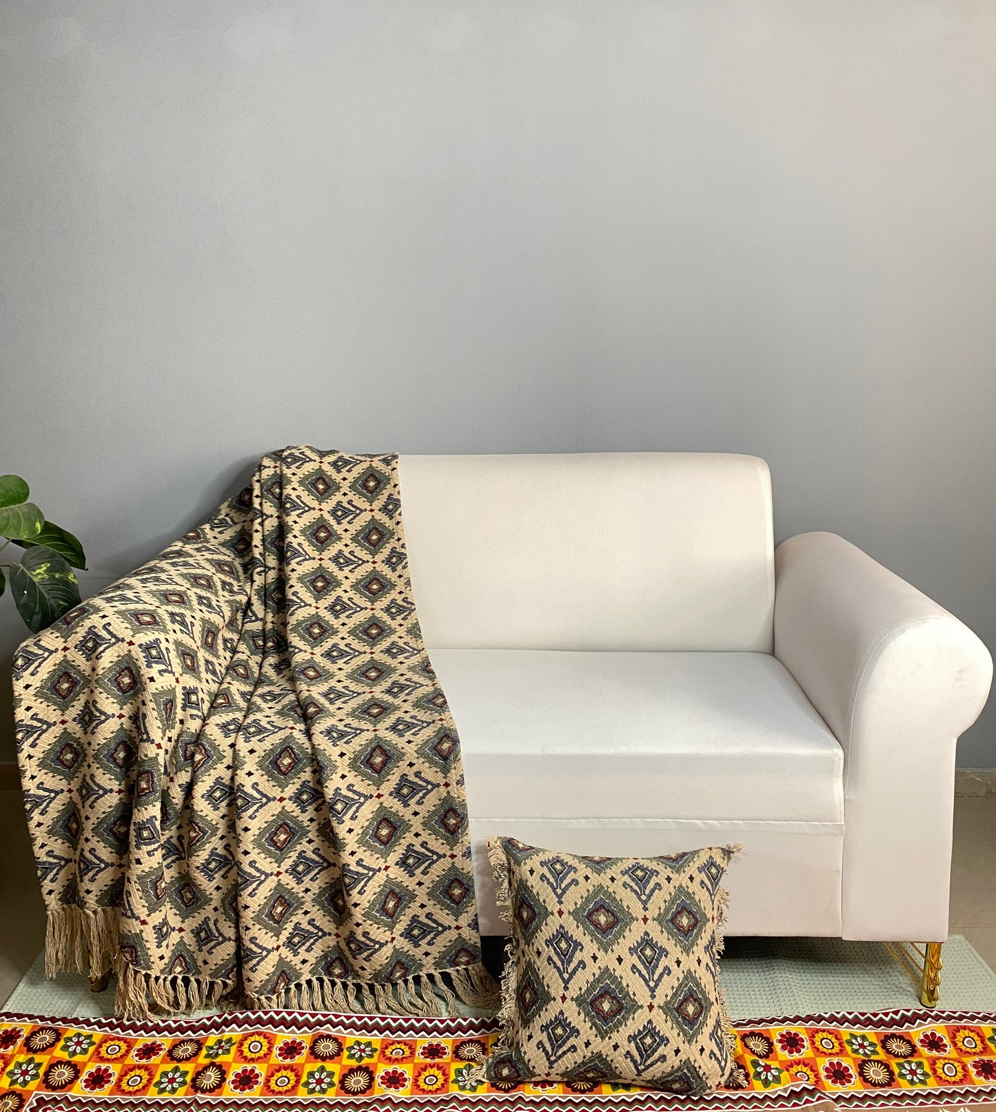 Sofa Throw cum Cushion Cover Set – 100% Cotton