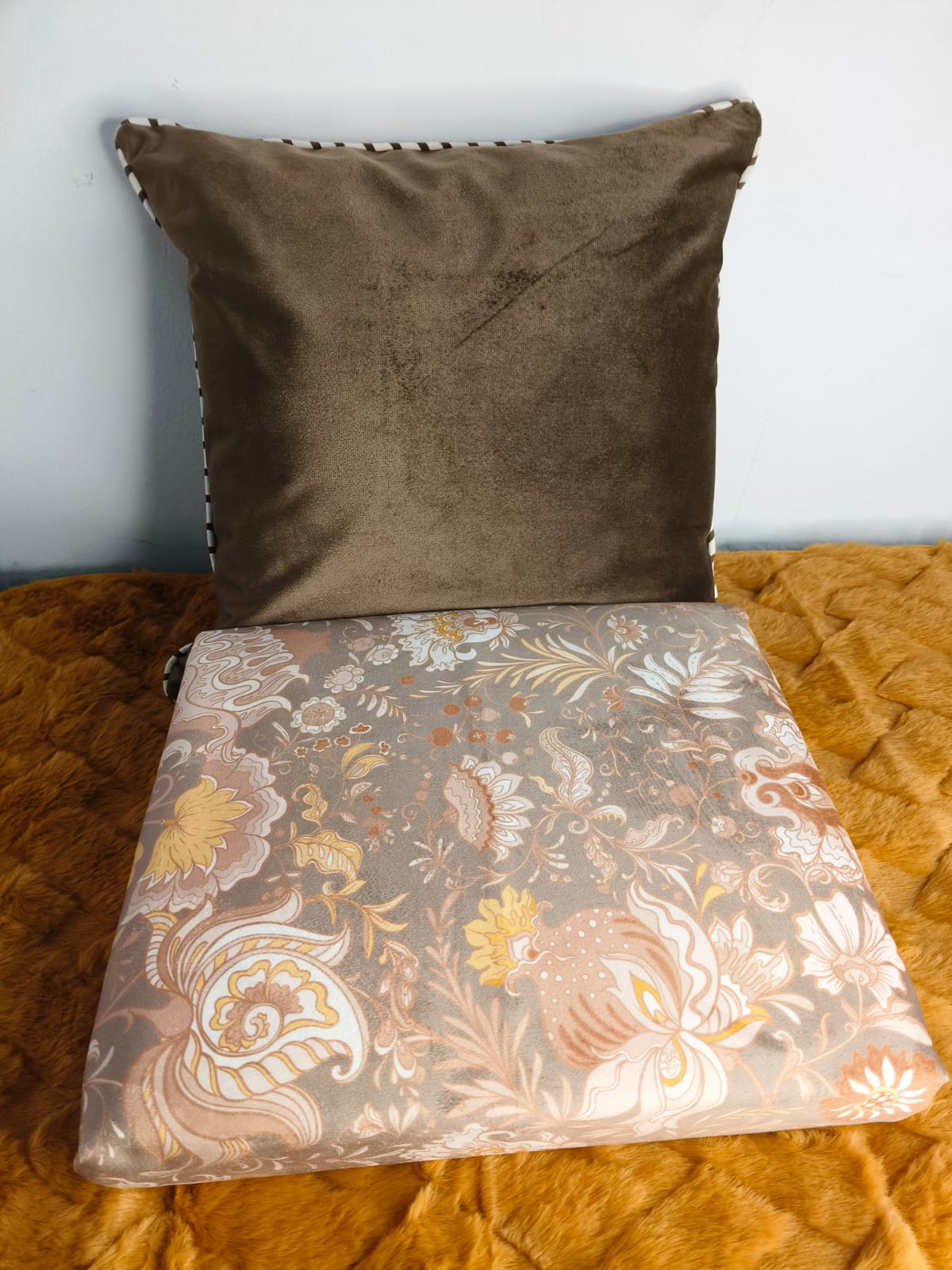 Velvet Double Bedsheet Set, Brown Floral , 2 Pillow Covers + 1 Cushion Cover