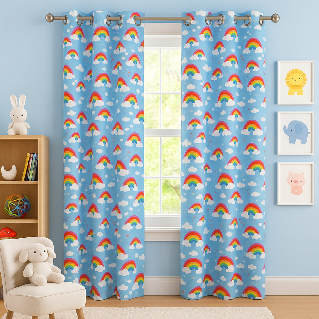 Colorful rainbow and cloud patterned curtains.