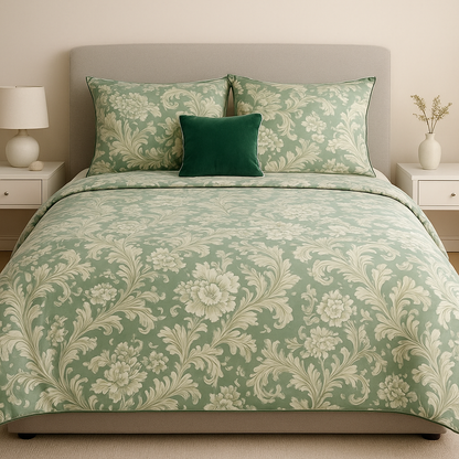 Velvet Double Bedsheet Set, Green Floral , 2 Pillow Covers + 1 Cushion Cover