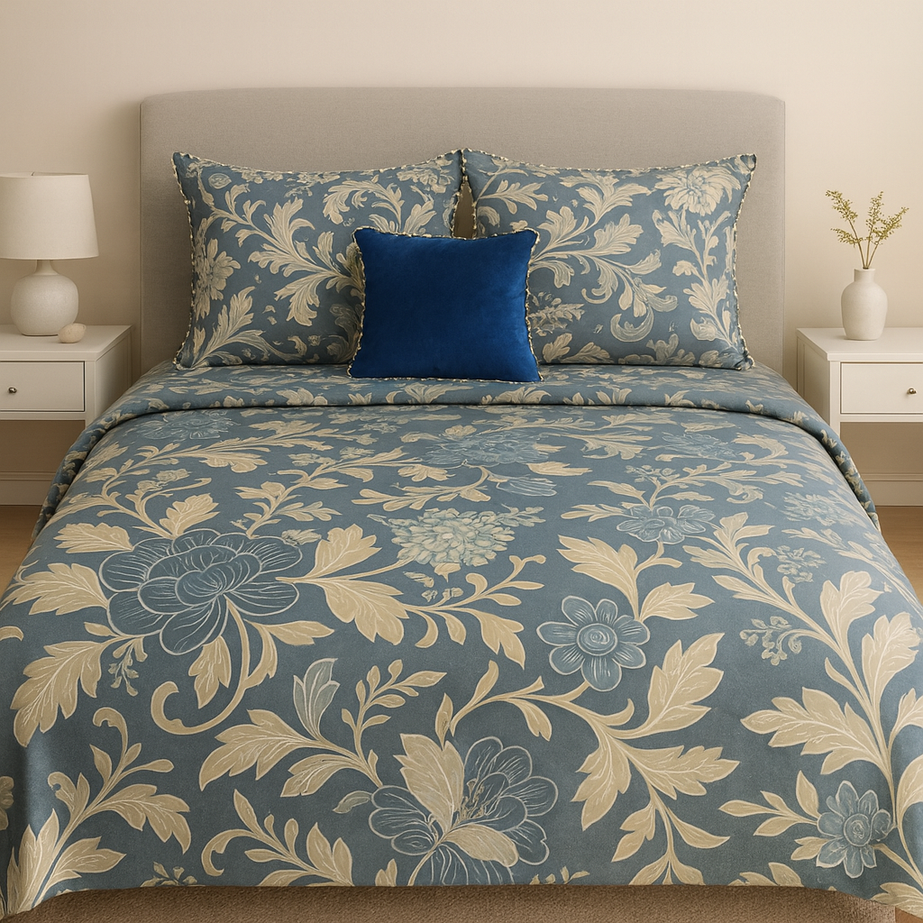 Velvet Double Bedsheet Set, Peacock Blue Floral , 2 Pillow Covers + 1 Cushion Cover