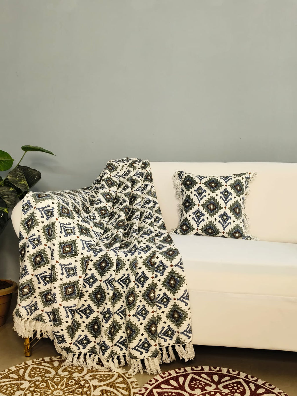 Pure Cotton Sofa Throw & Cushion Cover Duo