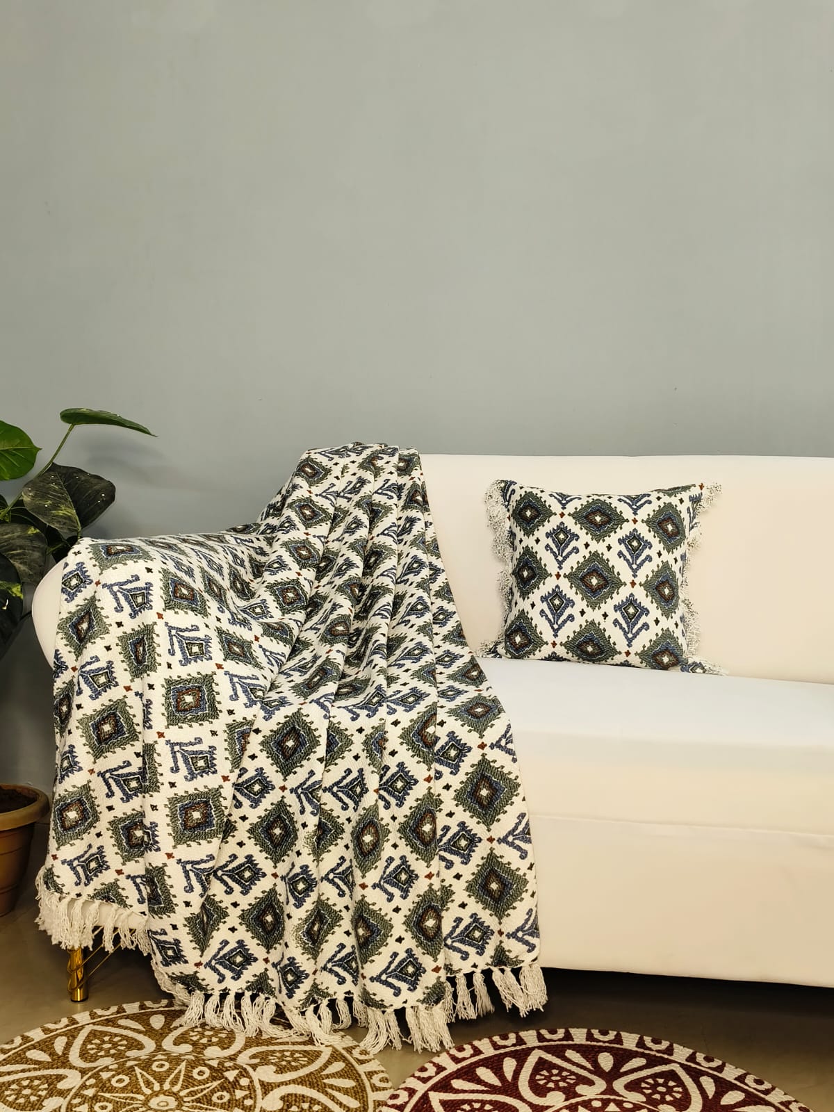 Pure Cotton Sofa Throw & Cushion Cover Duo