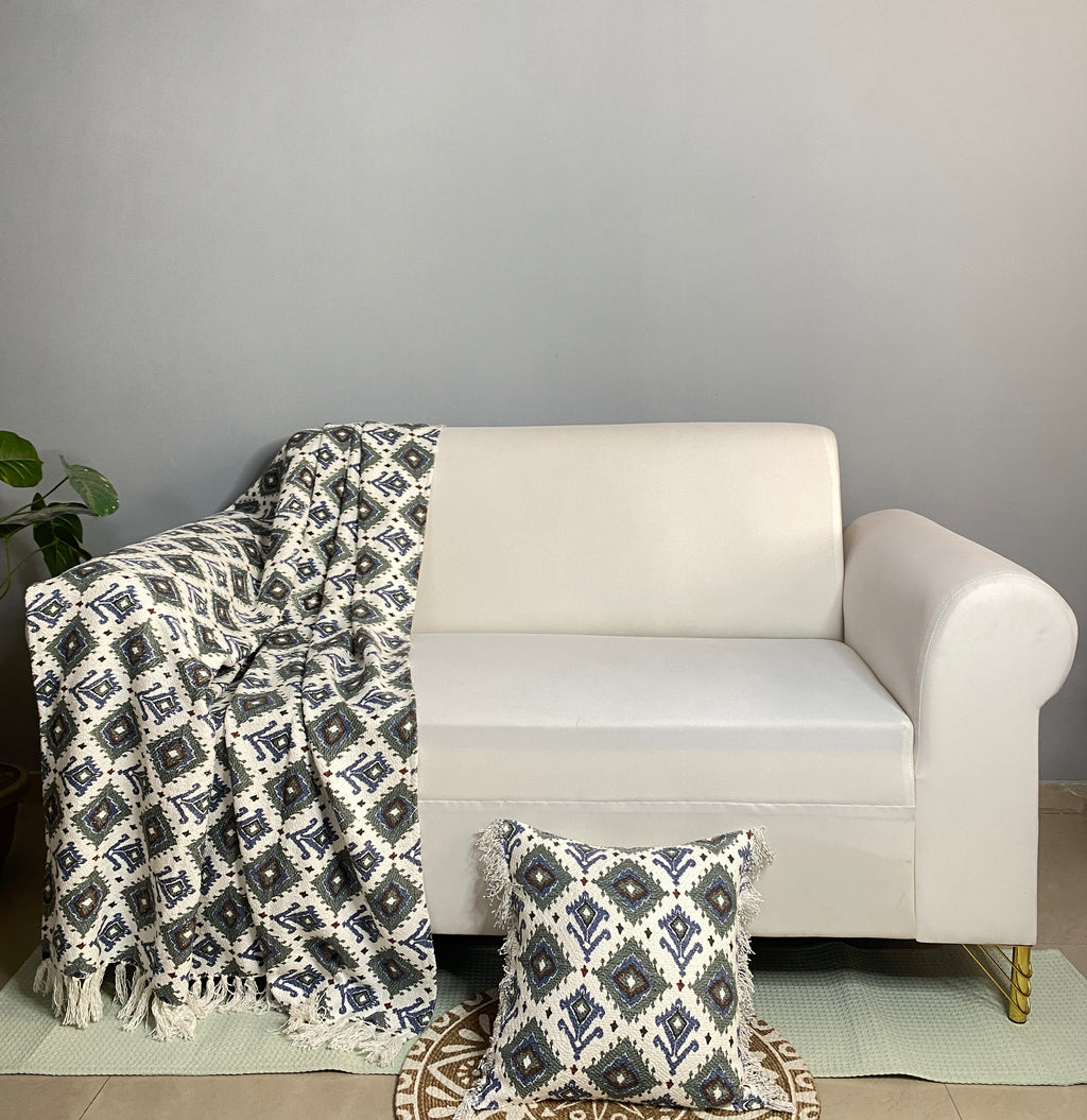 Pure Cotton Sofa Throw & Cushion Cover Duo