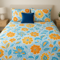 Velvet Double Bedsheet Set, Blue Floral , 2 Pillow Covers + 1 Cushion Cover