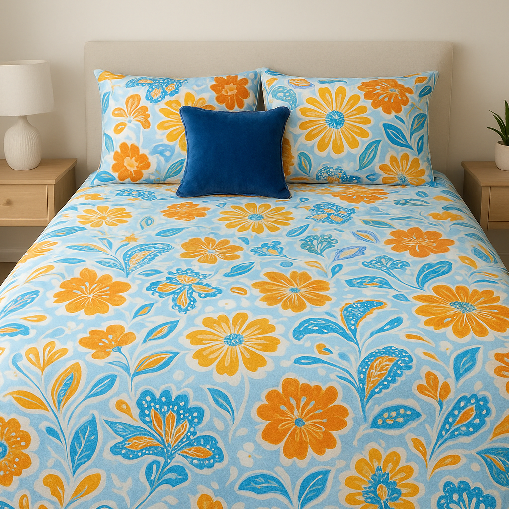 Velvet Double Bedsheet Set, Blue Floral , 2 Pillow Covers + 1 Cushion Cover