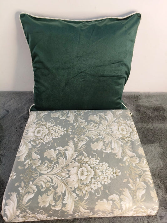 Velvet Double Bedsheet Set, Green Floral , 2 Pillow Covers + 1 Cushion Cover