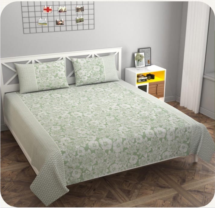 Pista Green Twill Weave 100% Cotton Bedsheet Set with Designer Pillowcases