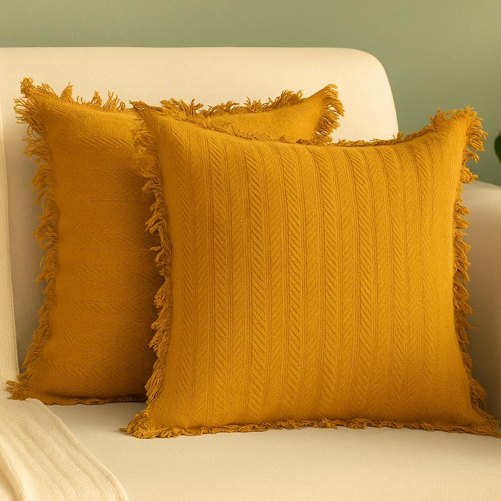 Cotton Cushion Covers with Fringes I 16/16 Inches I Set of 2