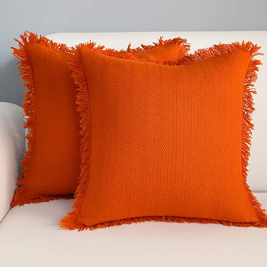 Cotton Cushion Covers with Fringes I 16/16 Inches I Set of 2